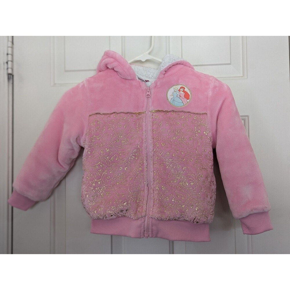 Disney Princess Hoodie Faux Sherpa Lined Jacket Girls 5T Pink Gold Embroidered